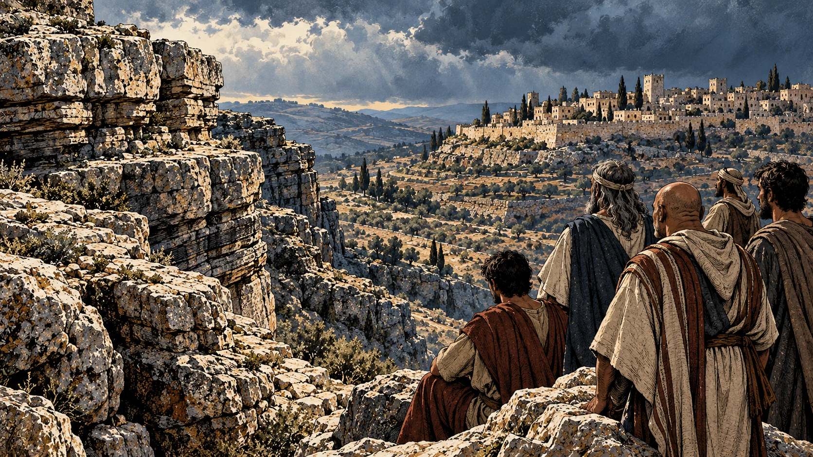 A community listens beside an exposed stone foundation overlooking the hills.