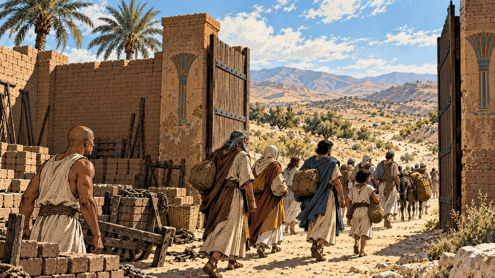 An anonymous household passes out through an Egyptian enclosure gate.