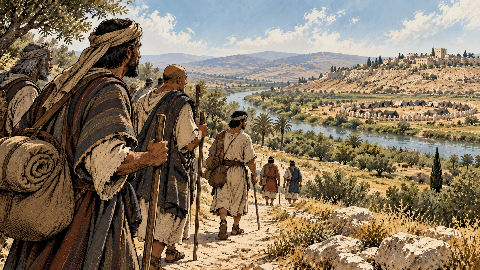 Travelers descend toward a river and a distant encampment.