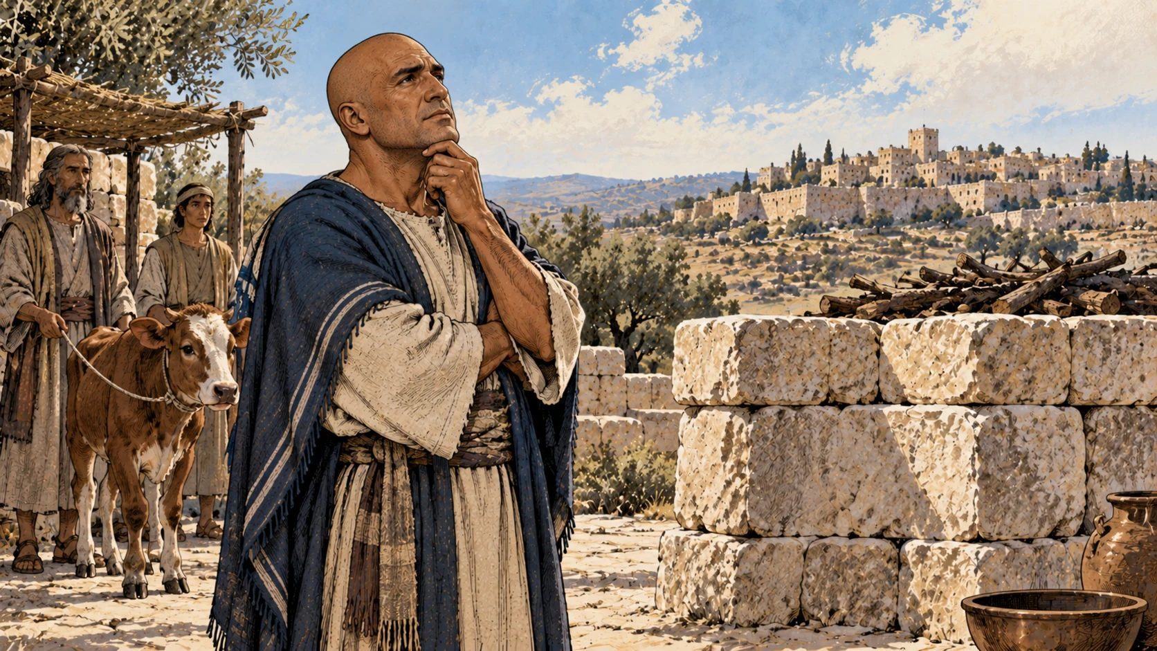 An anonymous worshipper considers a stone altar beside a calf.