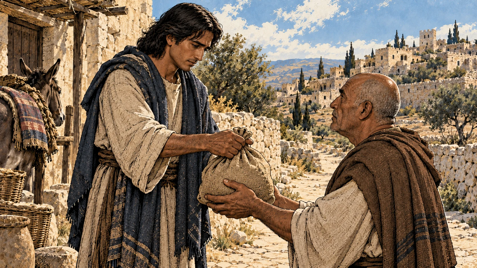 An anonymous adult gives a fair portion to a neighbor.