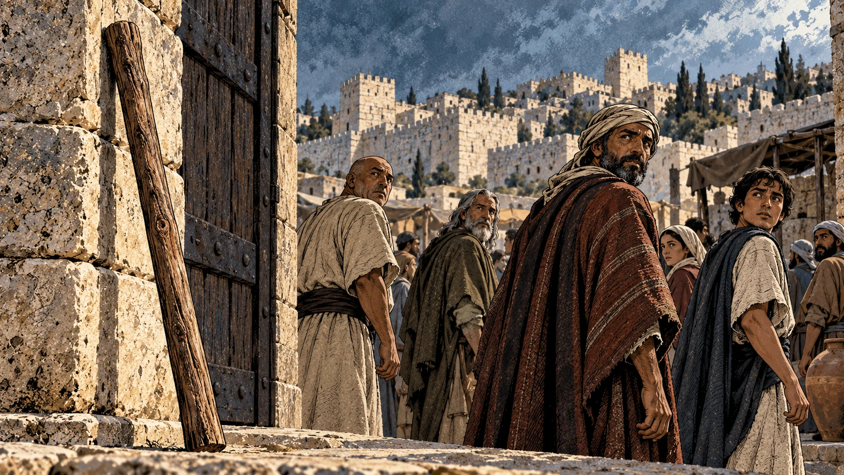 City residents turn toward a rod standing beside a doorway.
