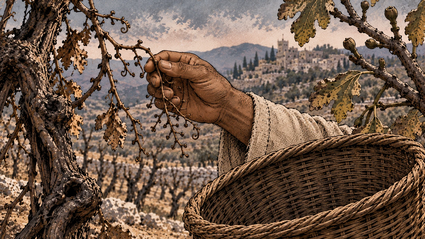 A searching hand holds an empty grape stem beside an empty basket.