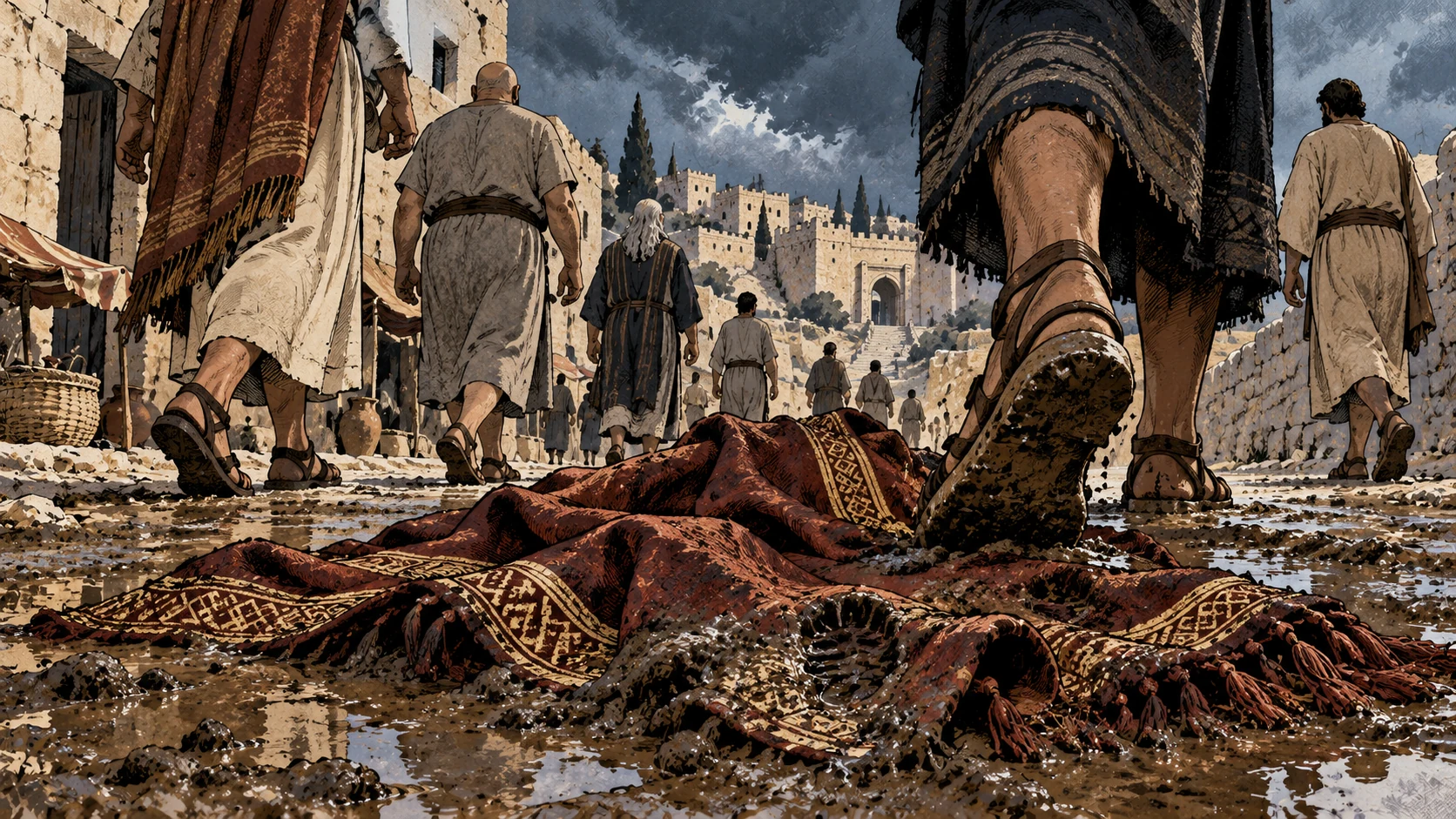 An empty fine mantle lies in mud beneath passing footsteps.
