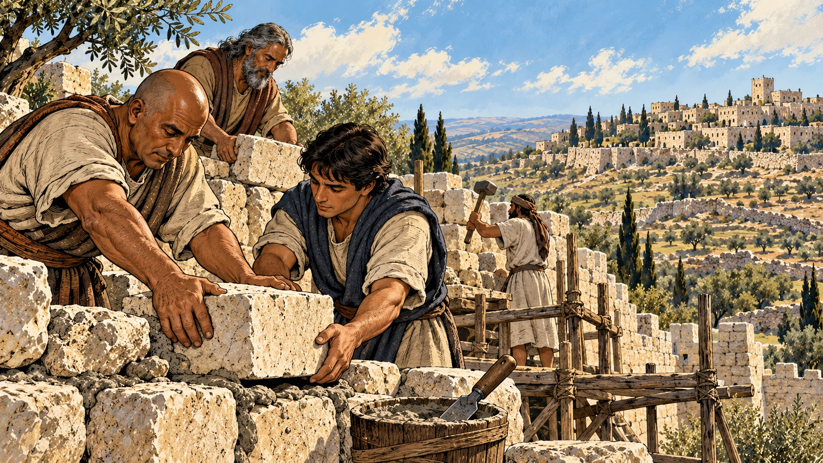 Masons fit a fresh stone into a broken wall.