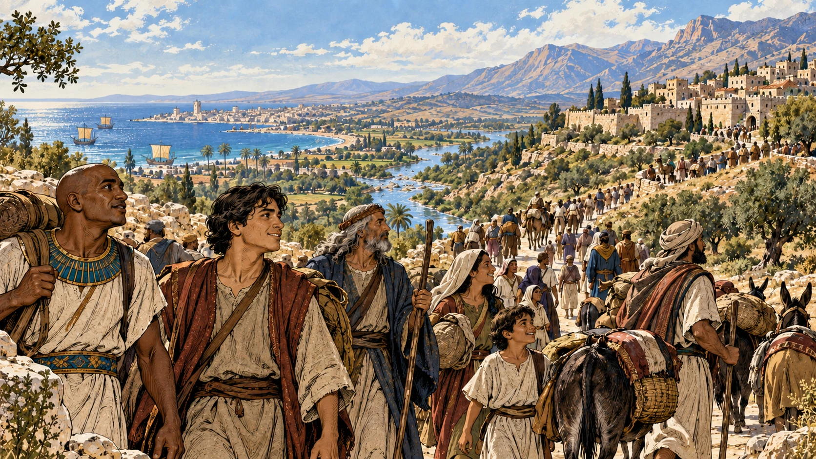 Travelers converge among a river, sea coast, and mountain paths.