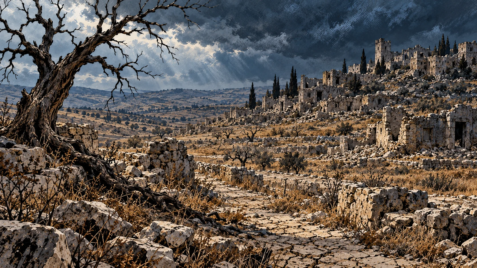 An exhausted field and dead tree lie below an abandoned settlement.