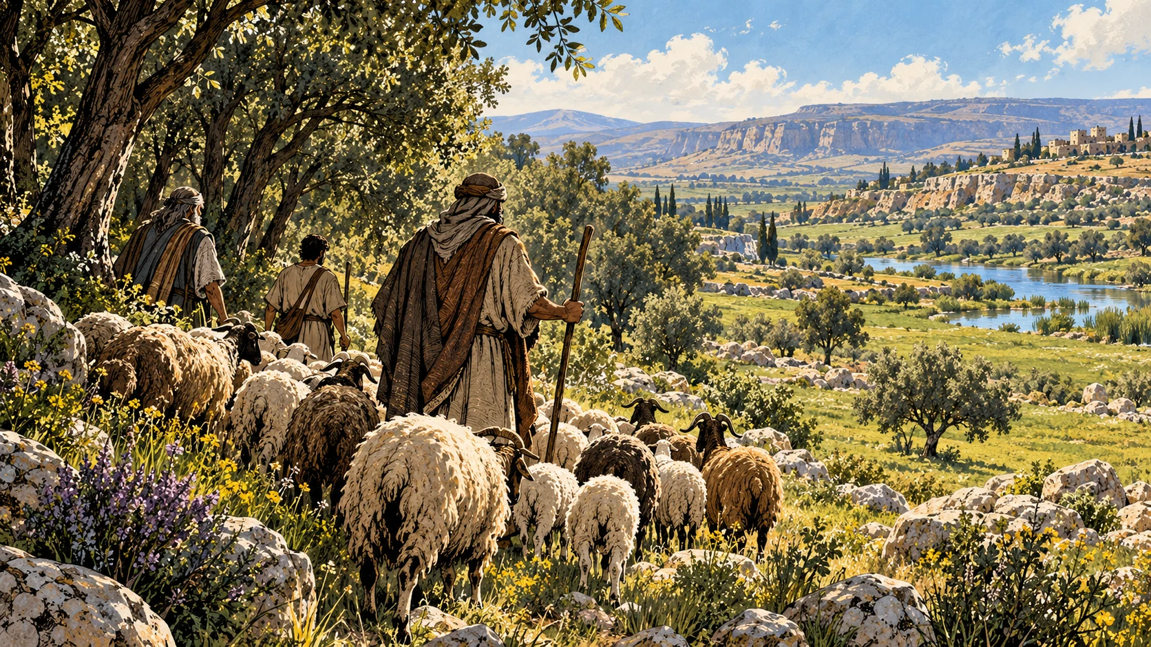 A flock emerges from woodland toward green pasture.