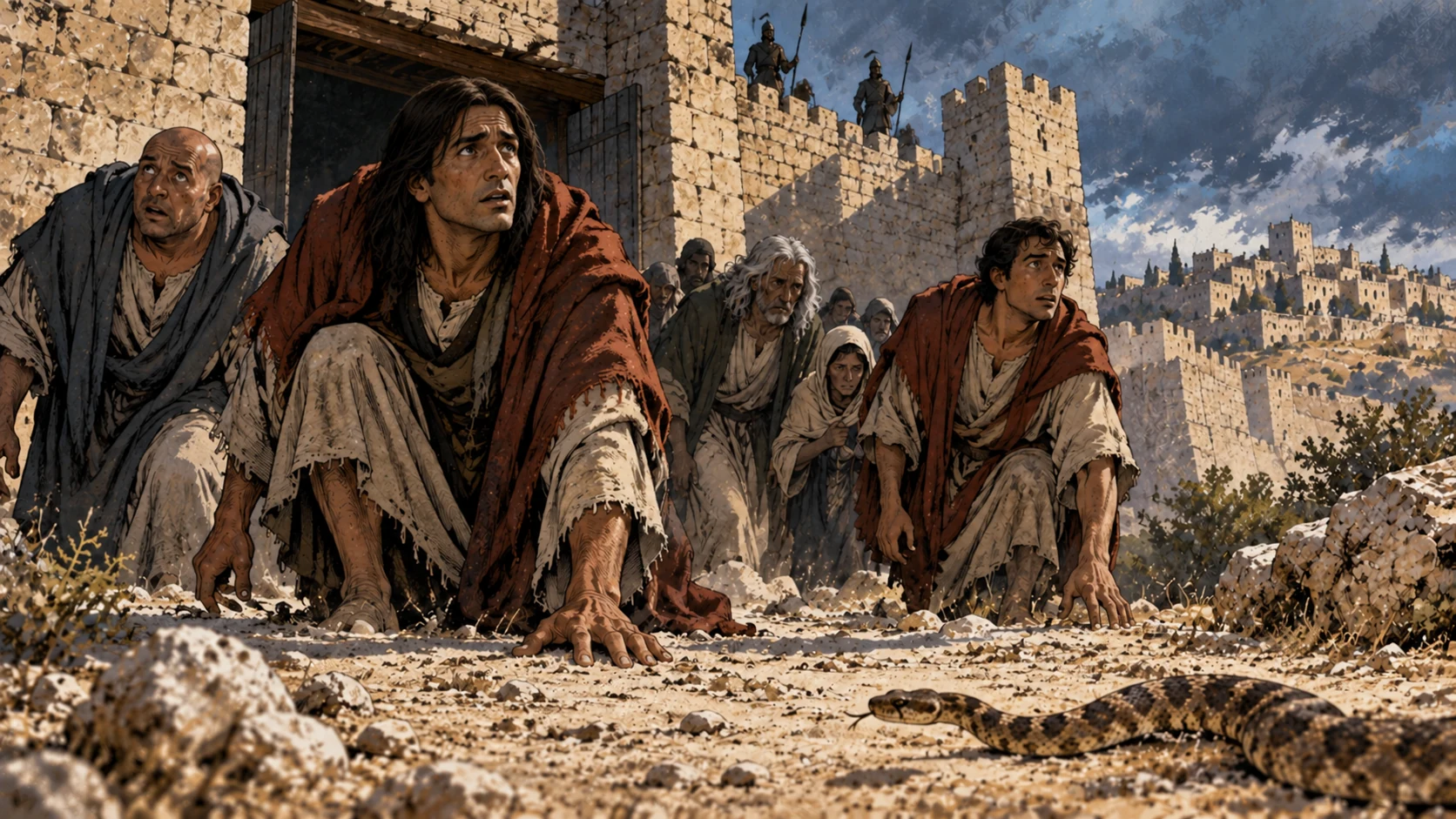 Anxious people emerge low from a stronghold near a snake.