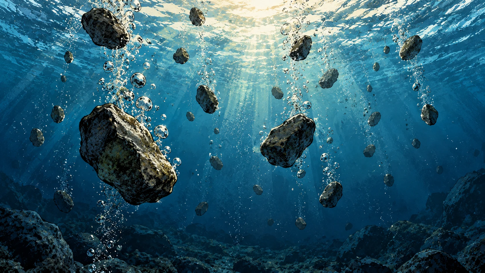 Dark stones descend through clear deep water.