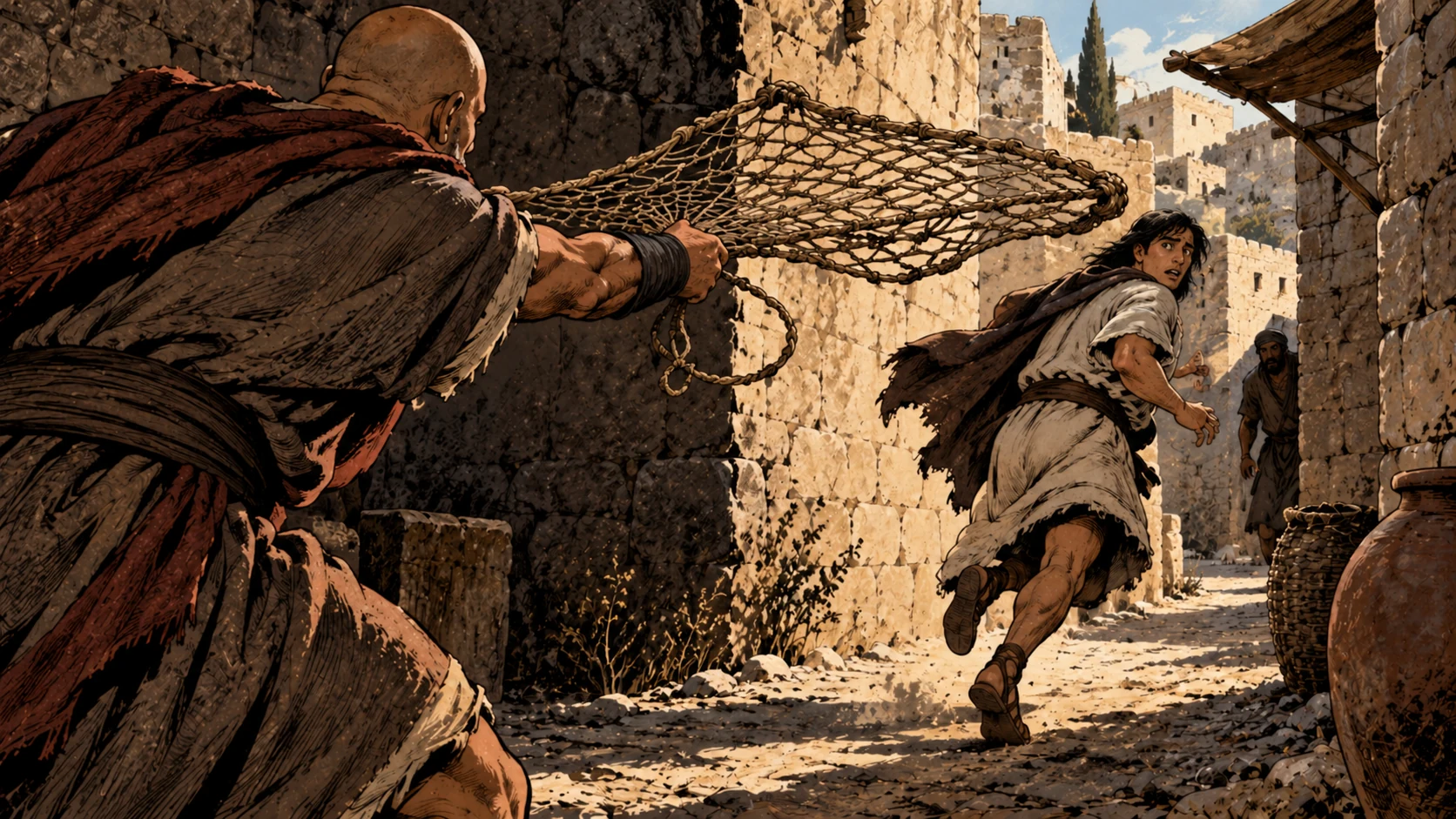 A man casts a net toward a fleeing neighbor in a stone lane.