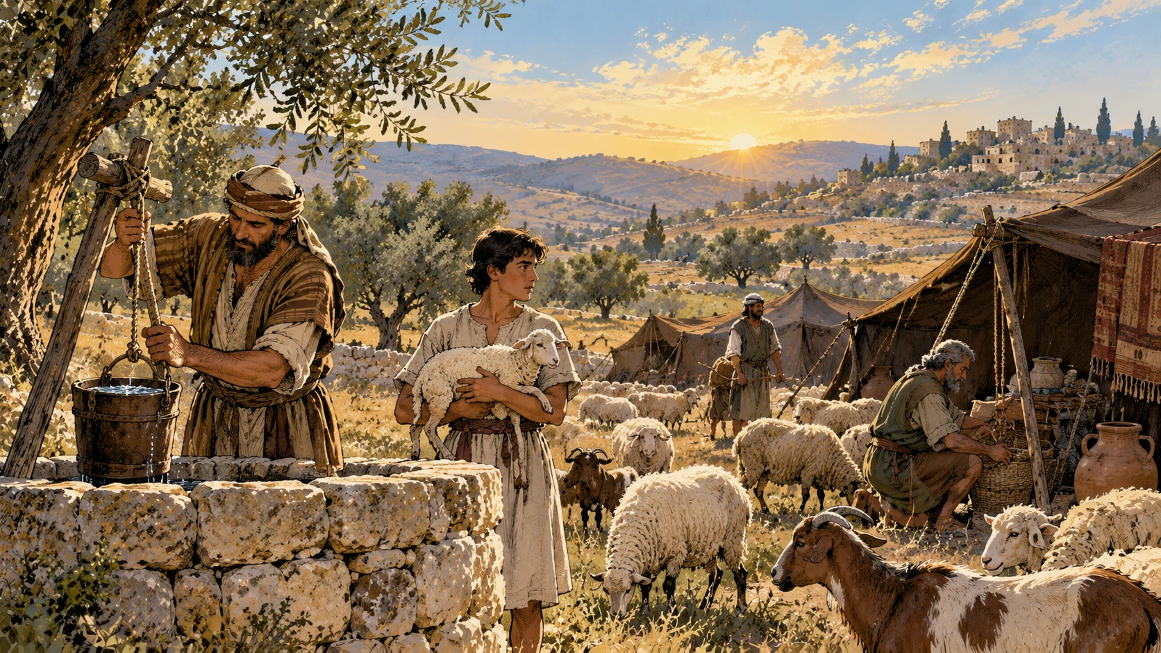 A pastoral household tends a well, tents, and flock at dawn.