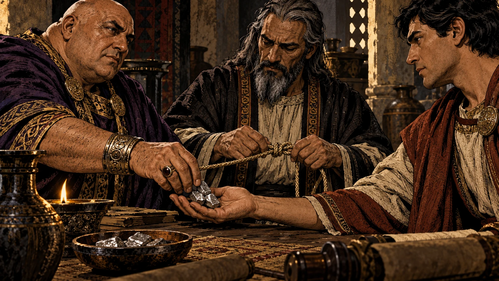 Three powerful men exchange silver and knot a cord.