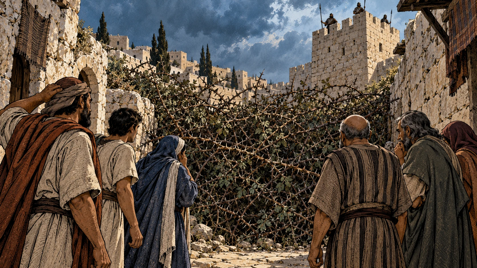 A thorn hedge blocks a city lane beneath a watchtower.