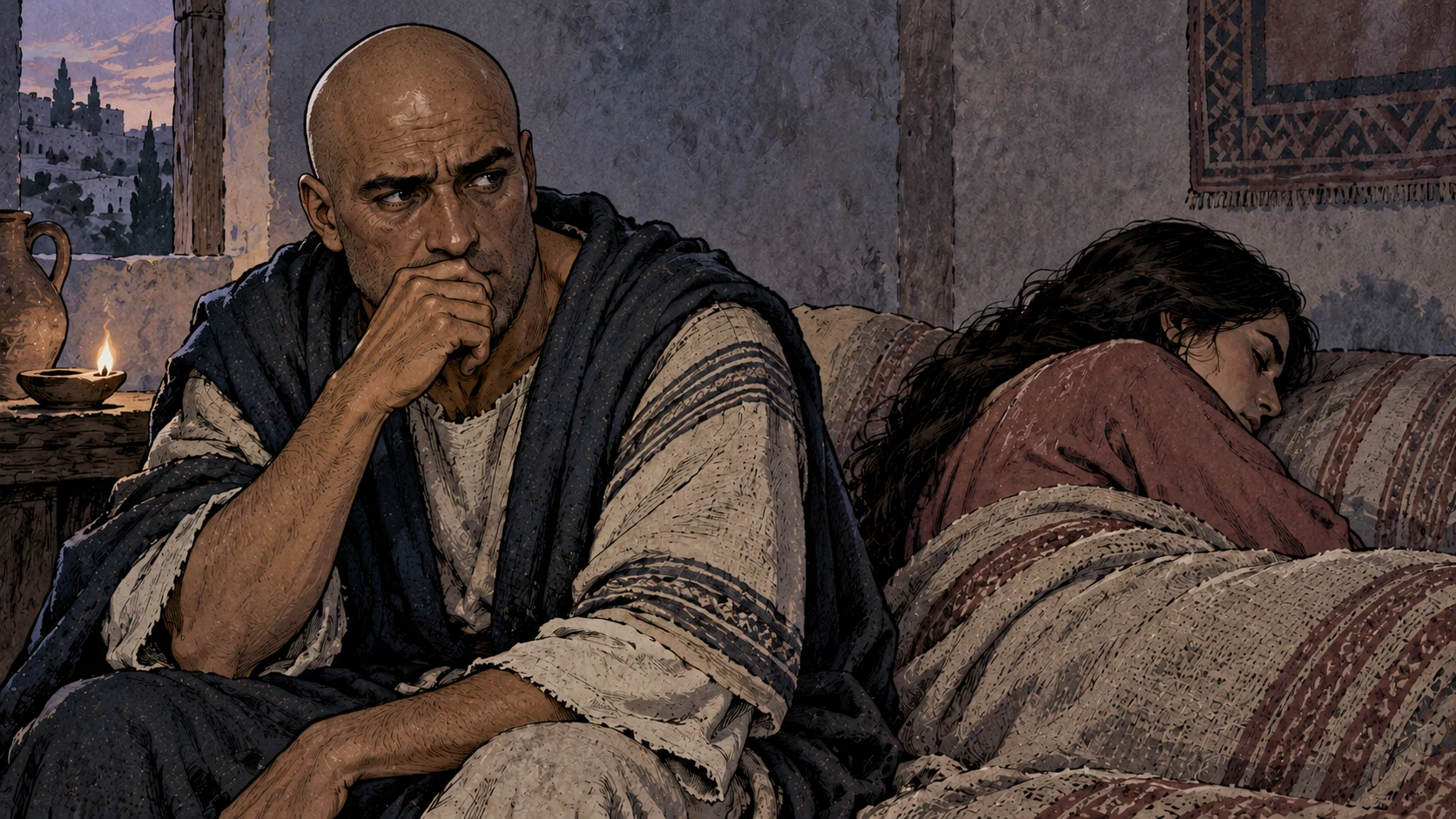 An anonymous man guards his mouth beside a turned-away companion.