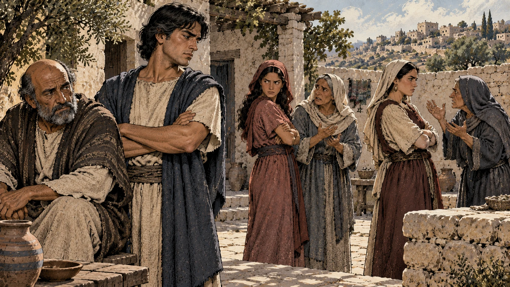 Parents and adult children turn away from each other in a courtyard.
