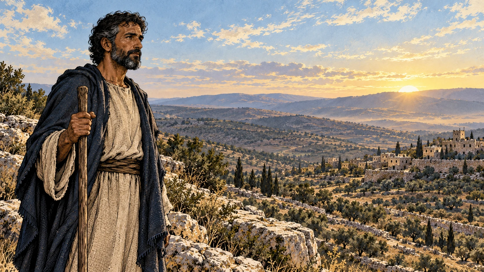 Micah watches the horizon at dawn with an upright staff.