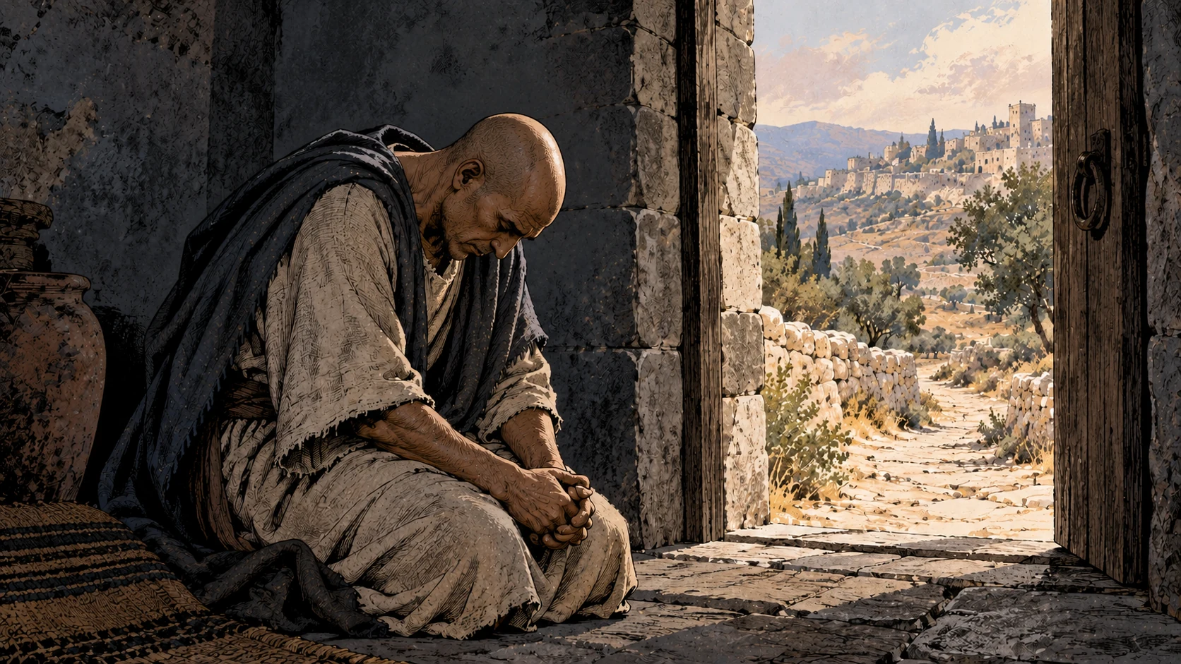 The same anonymous personification bows beside a bright doorway.