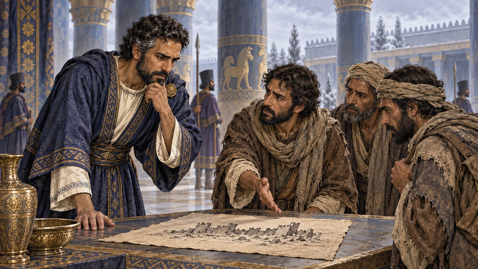 Nehemiah listens as Hanani and travelers from Judah report Jerusalem's broken walls.