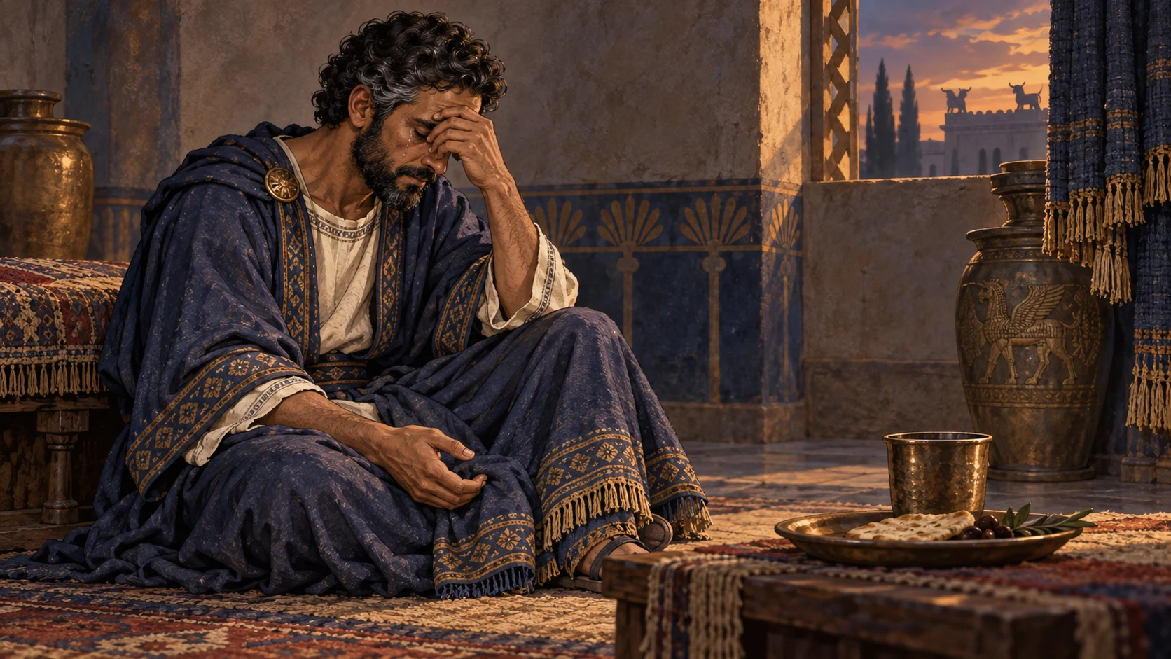 Nehemiah weeps alone beside an untouched meal as evening falls over Susa.