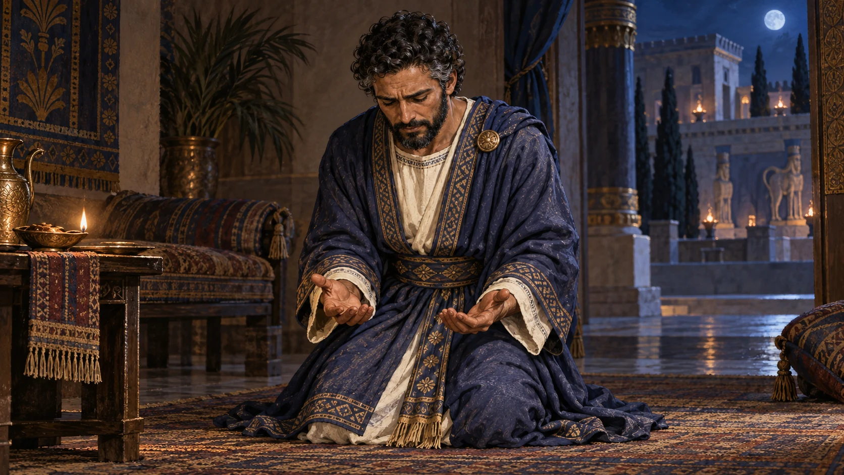 Nehemiah kneels through the night with open hands in confession.