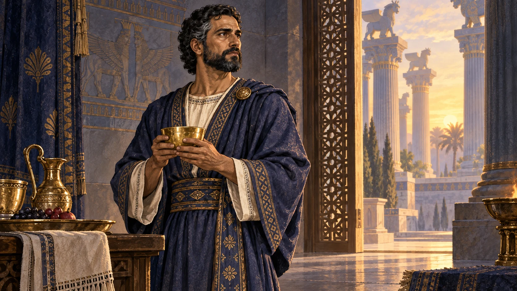 At dawn, Nehemiah lifts the royal cup with a resolved expression.