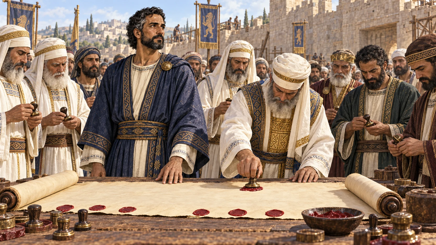 Nehemiah and covenant leaders press seals into wax on a large parchment before the assembly.