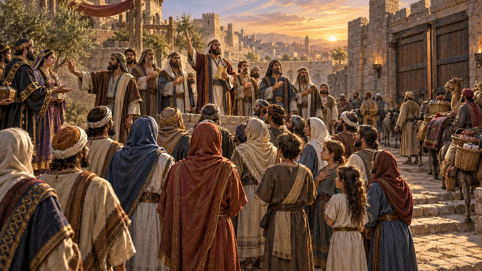 Families join the oath while marriage envoys are declined and merchants wait outside closed Sabbath gates.