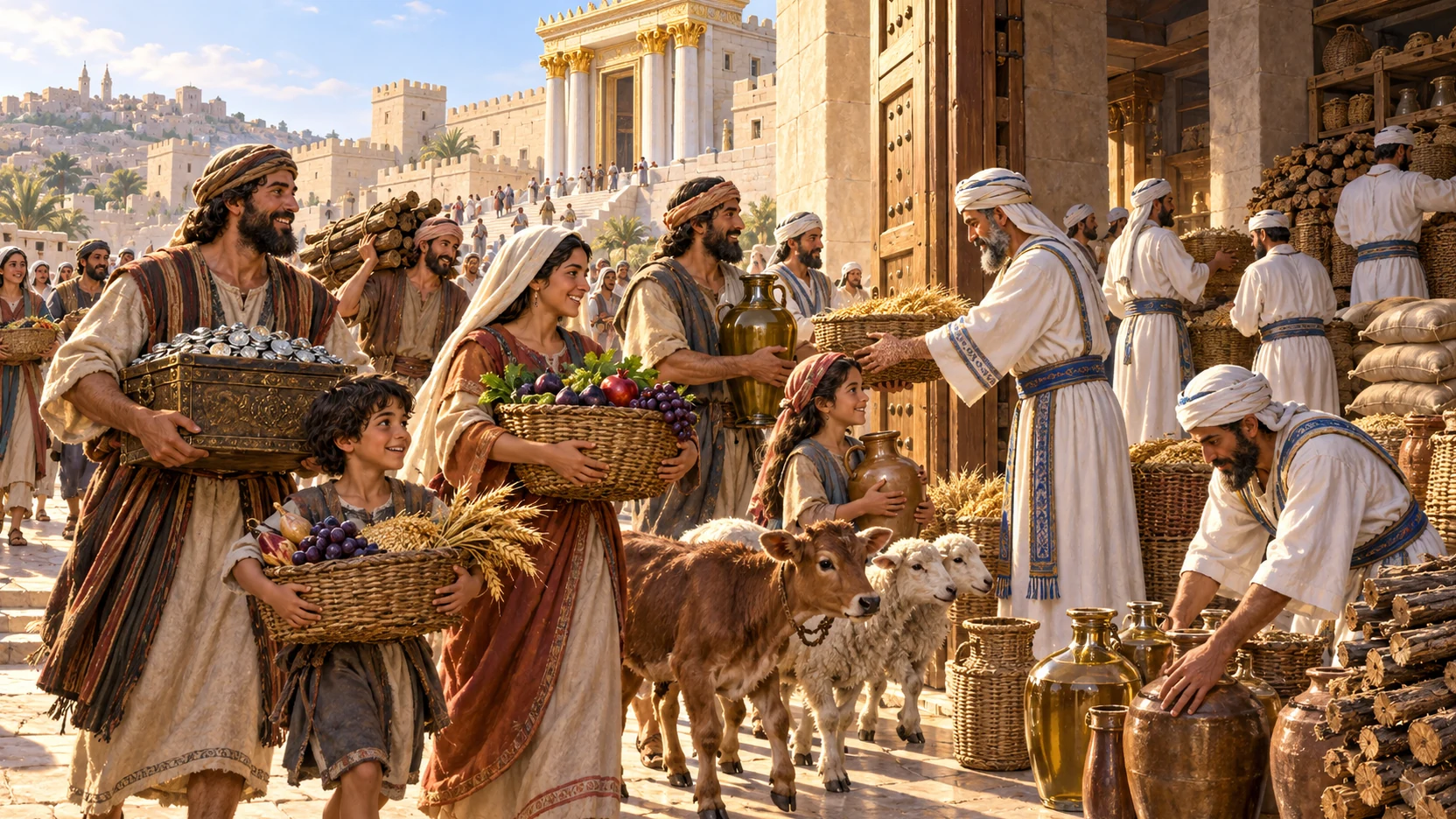 Families bring silver, wood, firstfruits, grain, wine, oil, and livestock to temple storerooms.