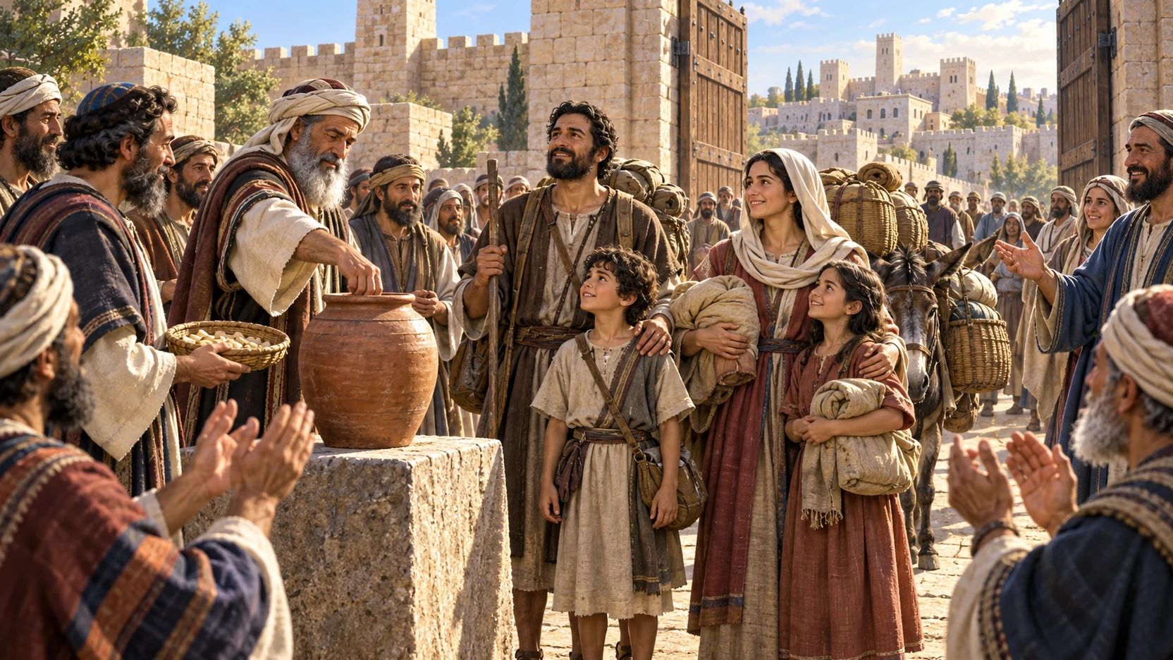 A family with household bundles is blessed after lots are drawn for people to live in Jerusalem.