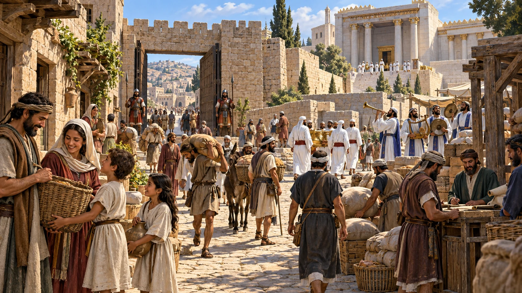 Families, priests, Levites, singers, gatekeepers, and administrators serve along a busy Jerusalem street.