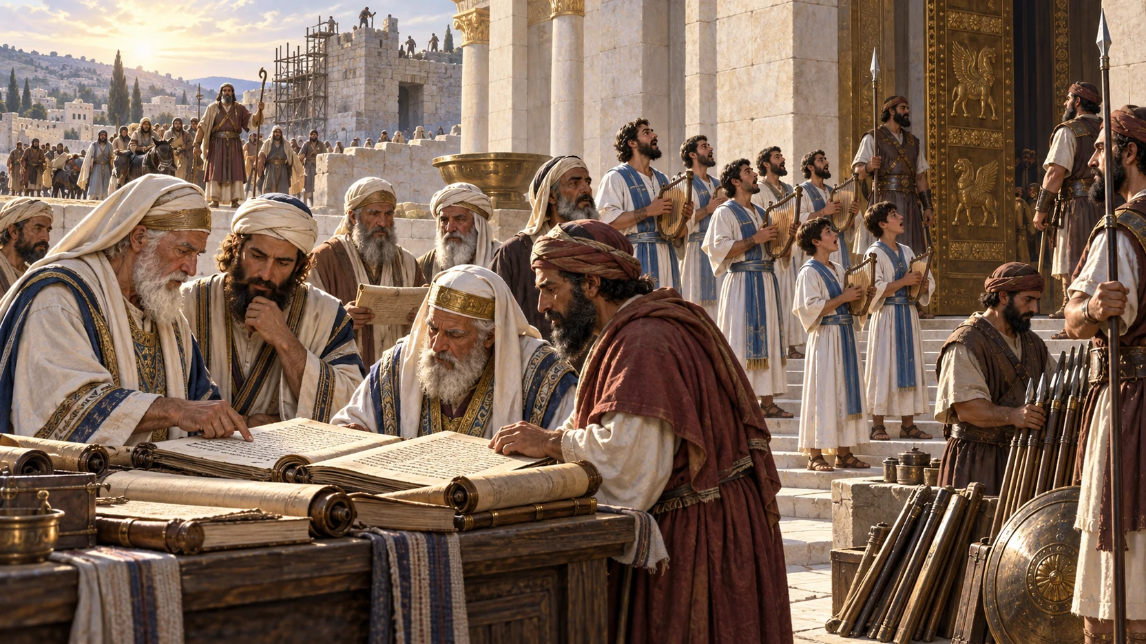 Priests compare old registers while Levite singers rehearse and gatekeepers prepare in the temple court.