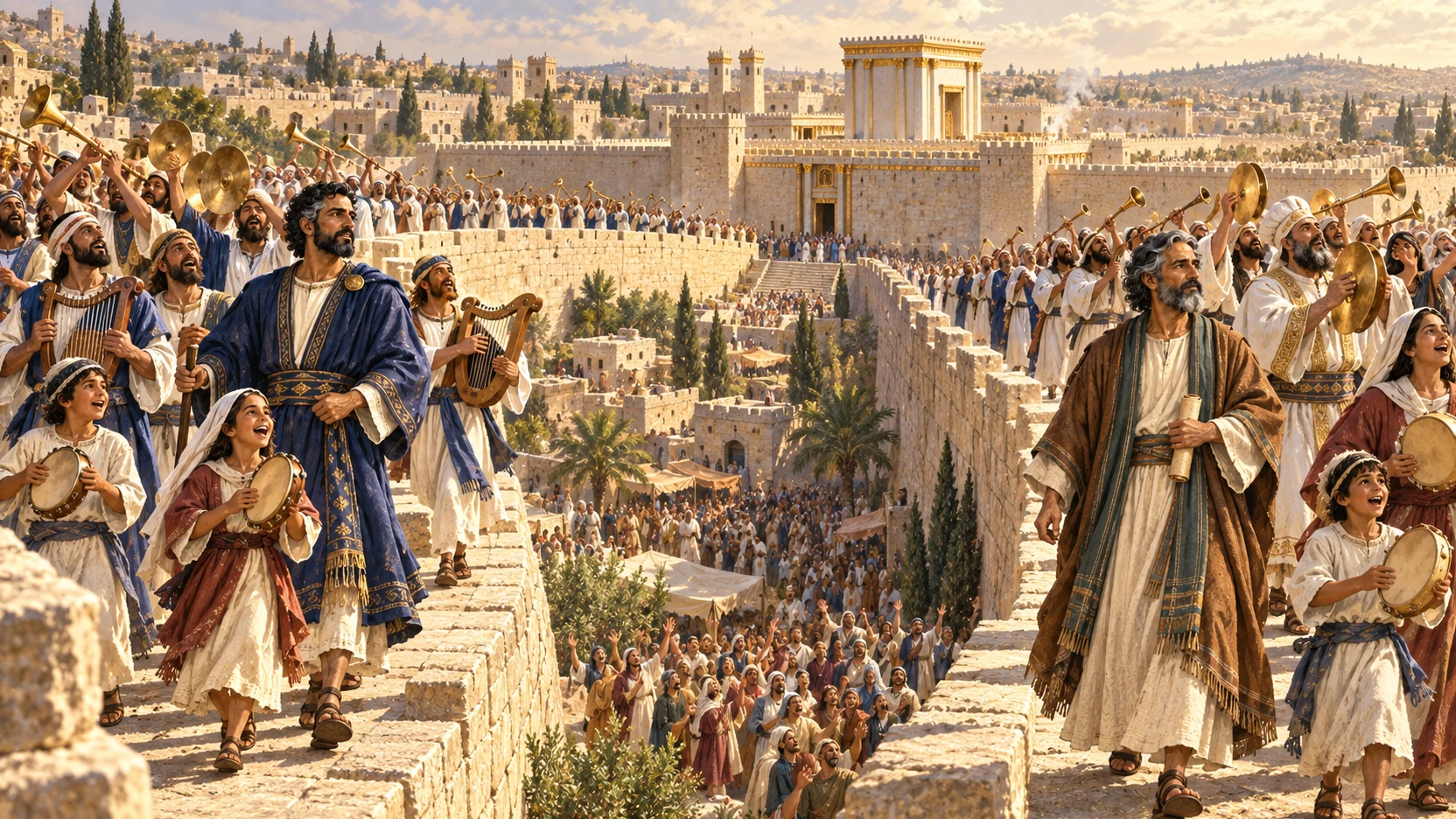 Ezra and Nehemiah lead two instrument-filled thanksgiving processions atop Jerusalem's wall.