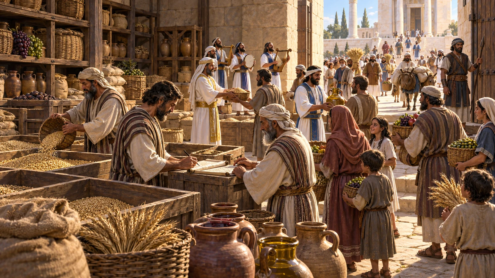 Stewards receive and distribute grain, wine, oil, and firstfruits in the temple storehouses.
