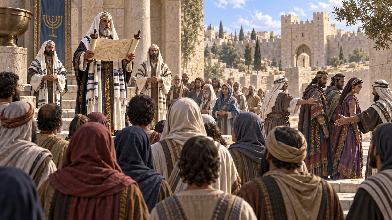 A priest reads the Torah as the assembly respectfully separates foreign visitors from its worshiping congregation.