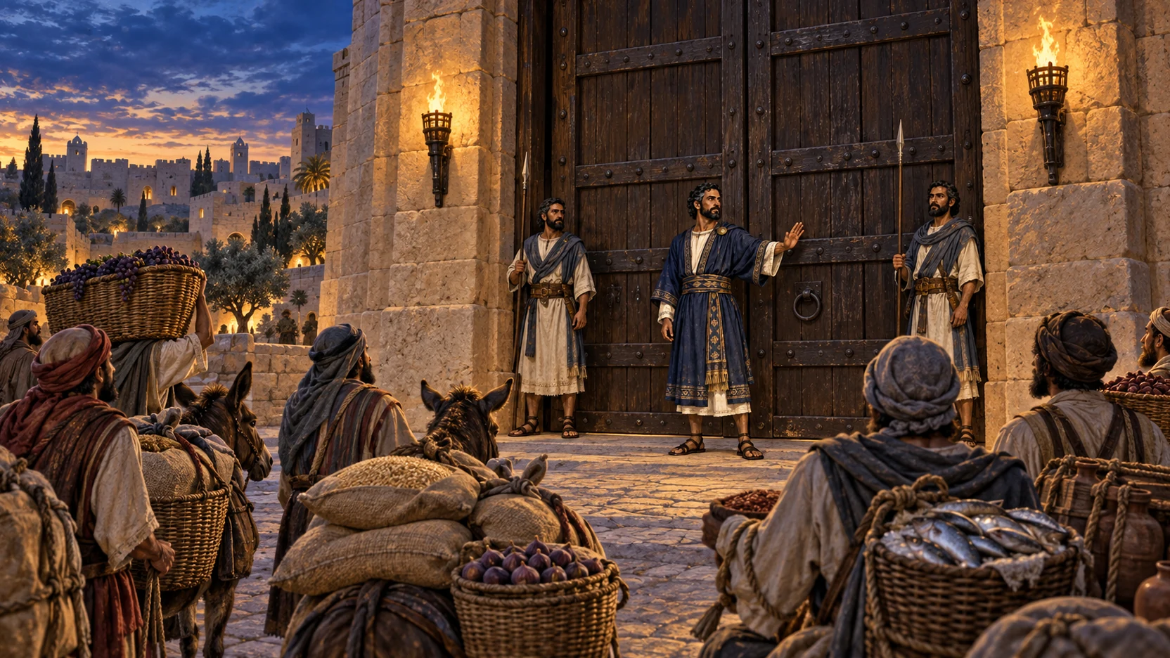 Nehemiah and Levite guards close Jerusalem's gates at dusk while loaded merchants wait outside.