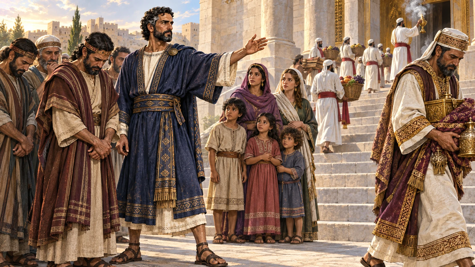 Nehemiah rebukes covenant-breaking men while protected families watch and renewed temple service continues.