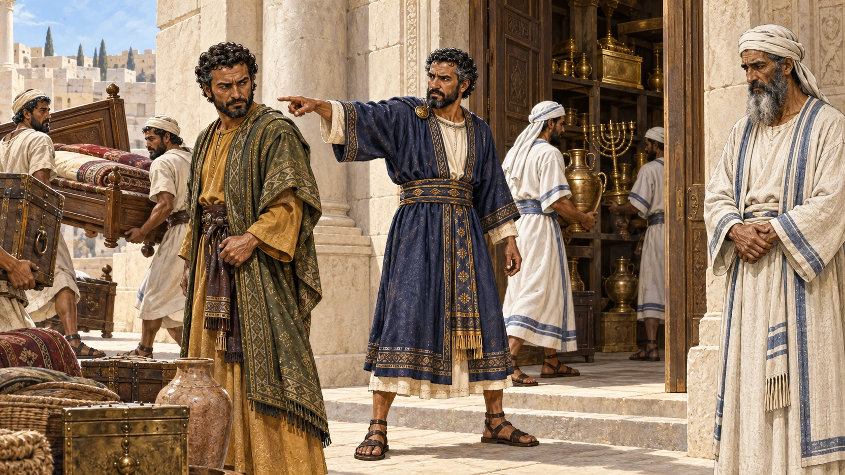 Nehemiah orders Tobiah's furniture carried from a temple room while holy vessels are restored and Eliashib watches.