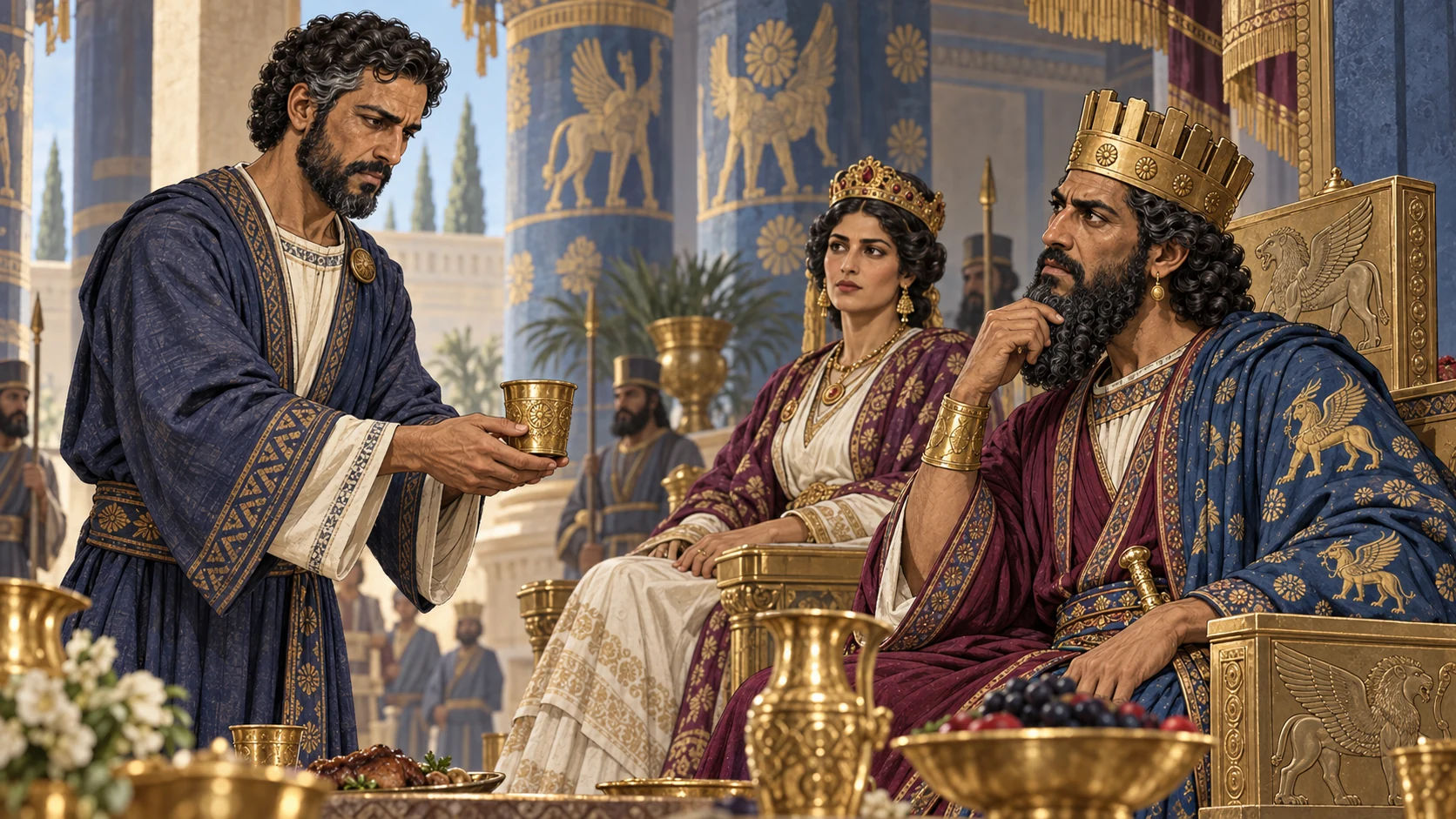 Nehemiah offers the cup while Artaxerxes and the queen notice his sadness.