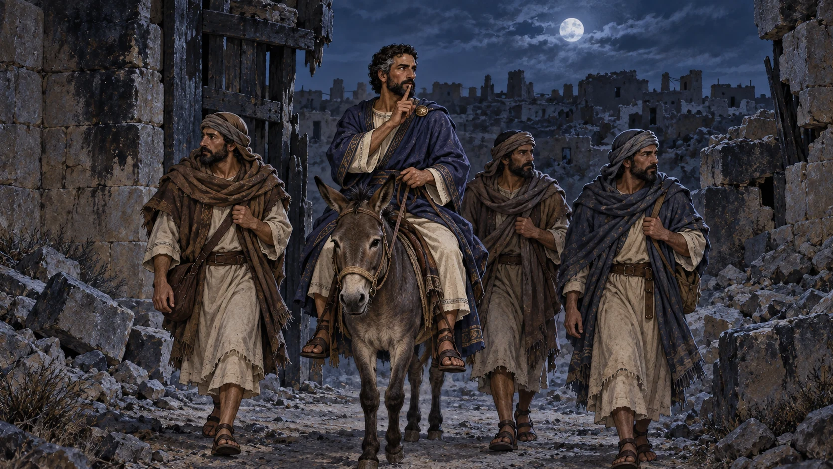 Nehemiah quietly leaves ruined Jerusalem at night with three companions and one donkey.