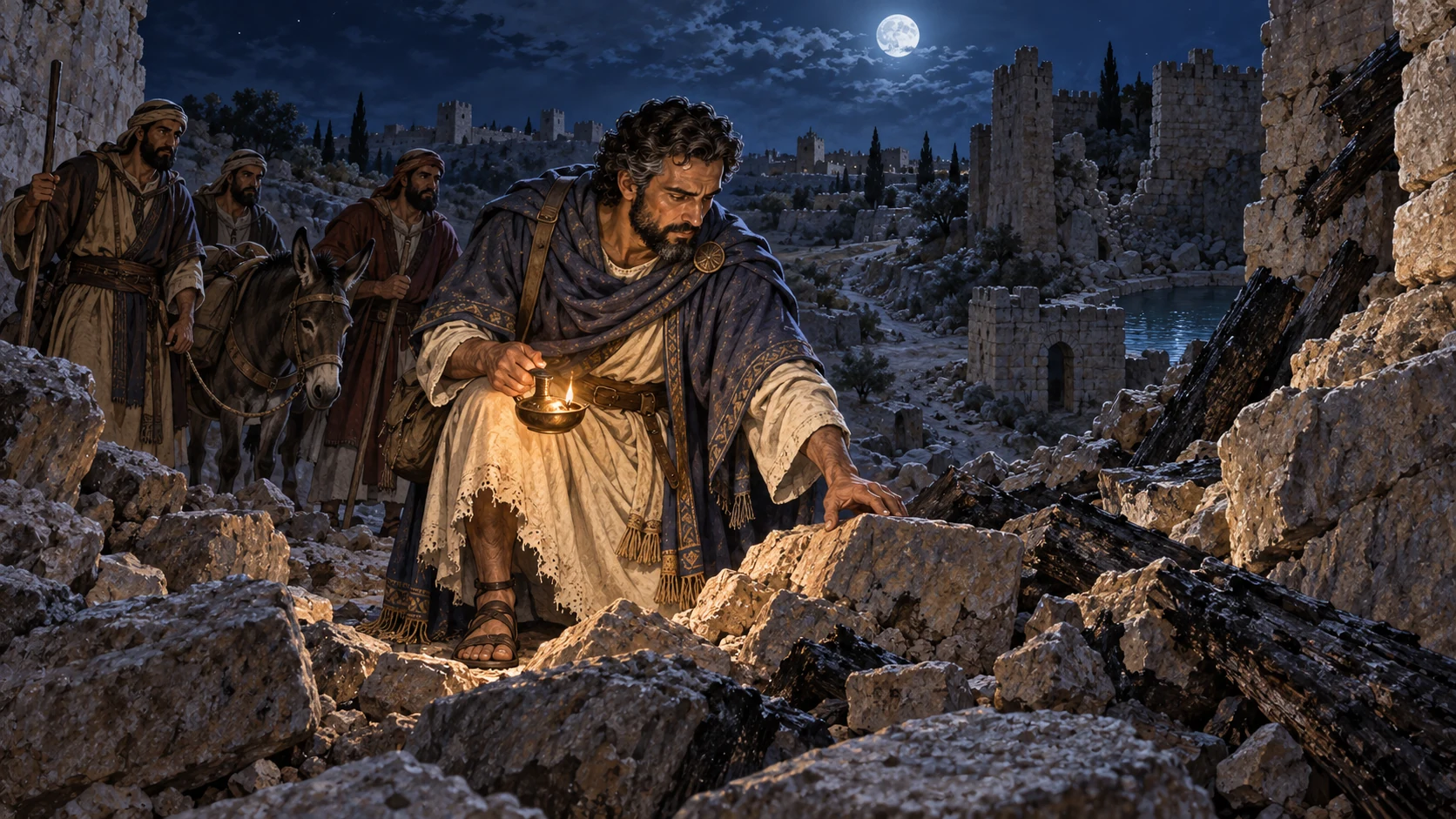 Nehemiah examines scorched rubble by lamplight while the blocked donkey waits behind.