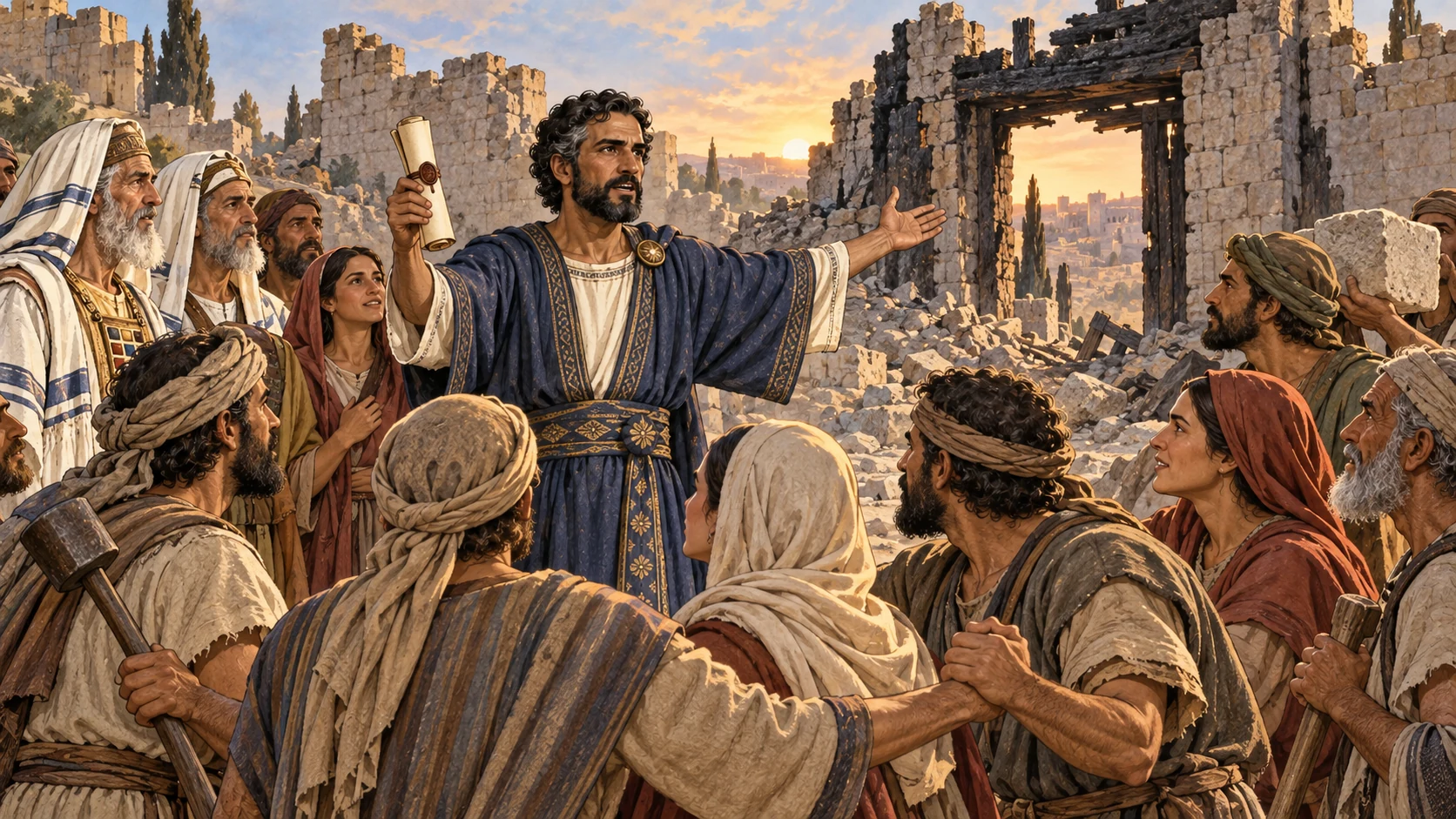 Nehemiah calls Jerusalem's people to rebuild beside the burned gate and rubble.