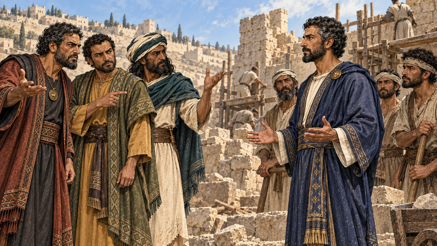 Nehemiah answers Sanballat, Tobiah, and Geshem calmly beside Jerusalem's workers.