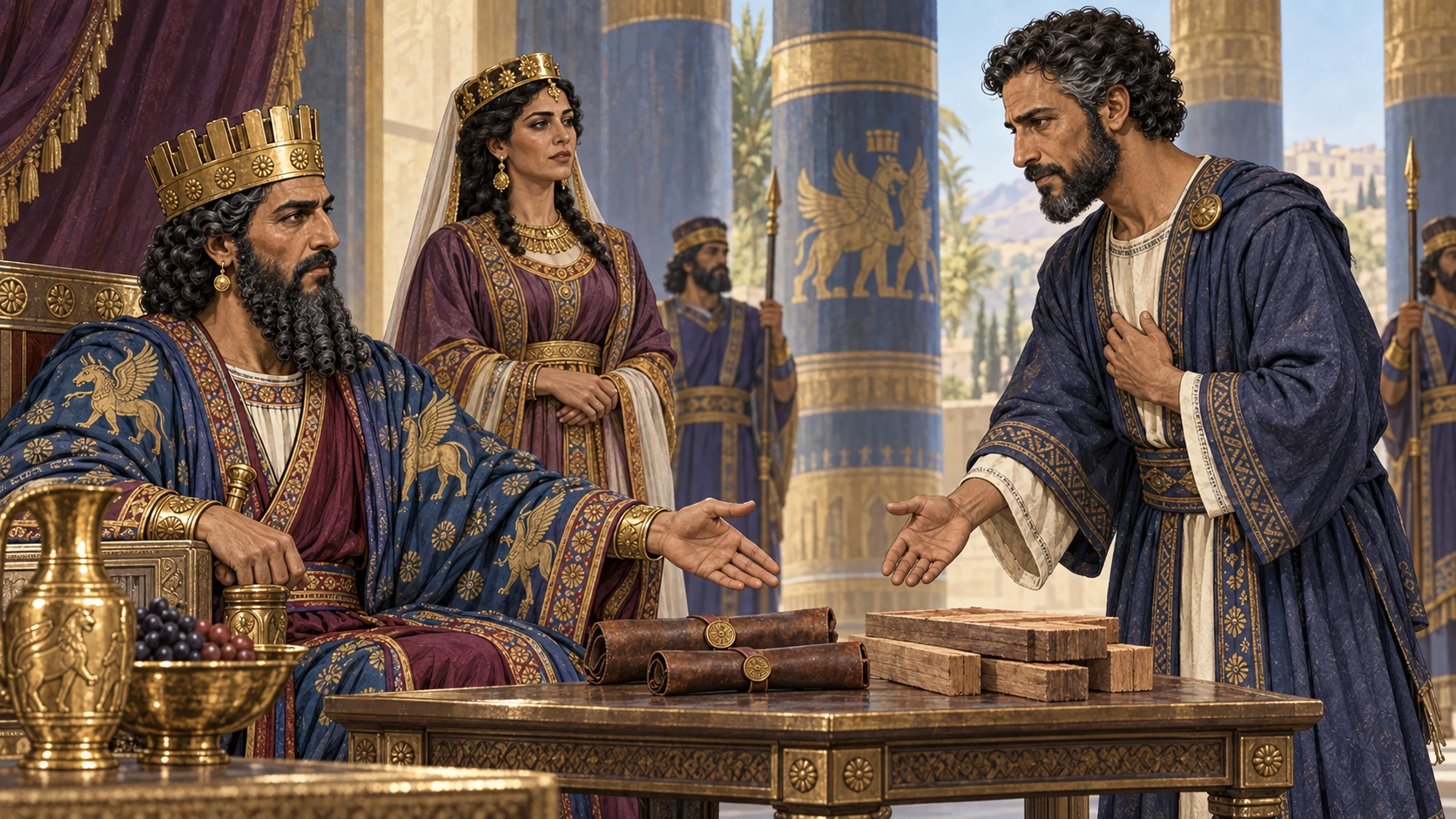 Artaxerxes approves Nehemiah's request beside sealed dispatches and cedar samples.