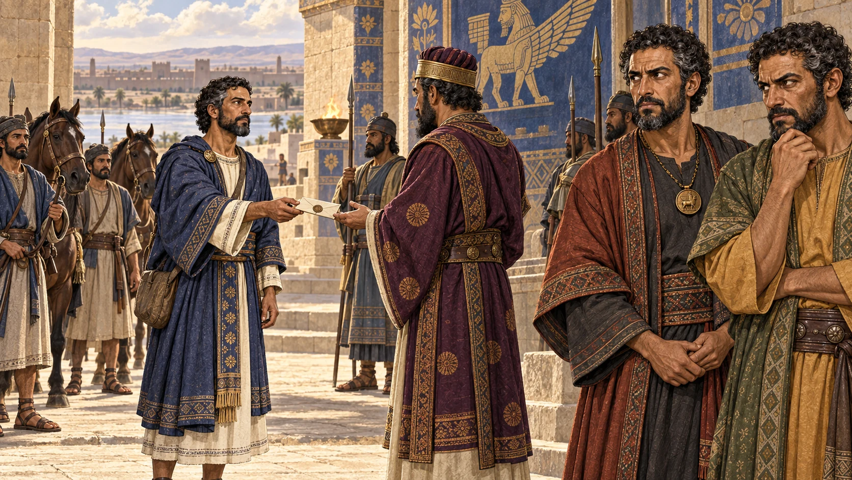 Nehemiah presents a royal dispatch while Sanballat and Tobiah react with displeasure.