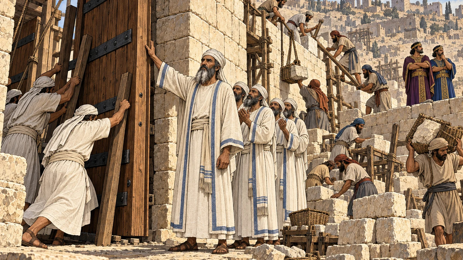 Eliashib and the priests dedicate the Sheep Gate while builders repair the adjoining wall.