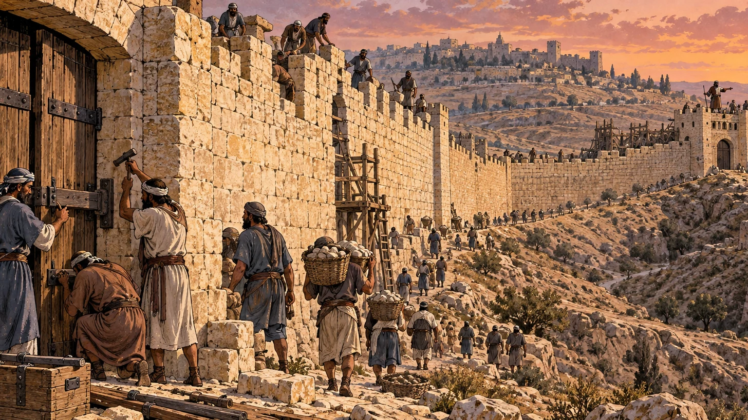 Workers fit doors at the Valley Gate while a repaired wall reaches toward the Dung Gate.