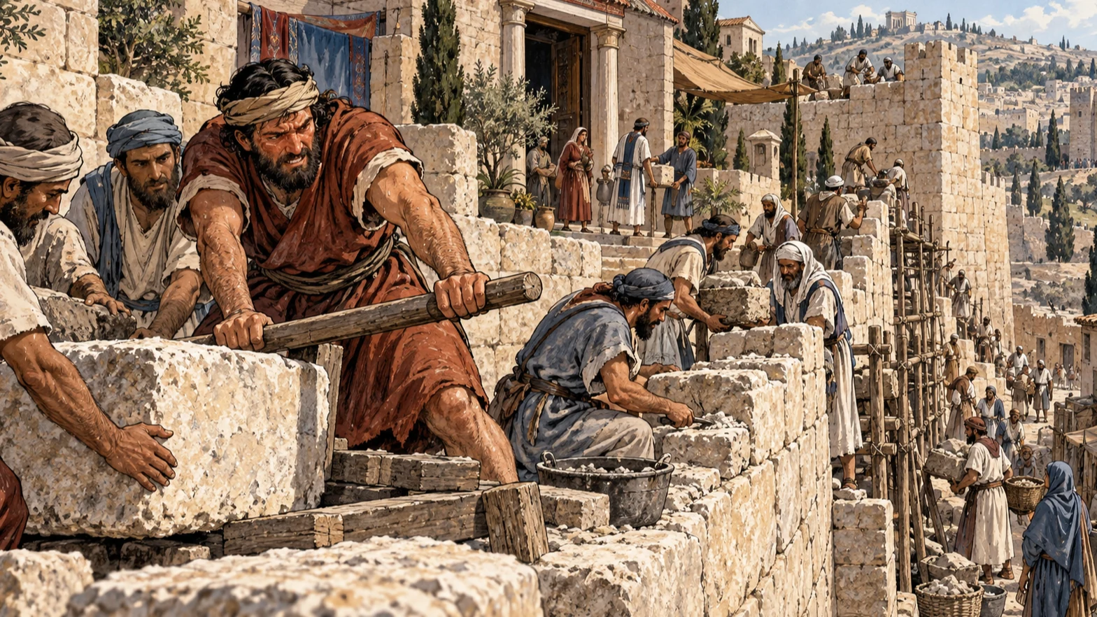 Baruch strains at a lever while priests and neighbors repair sections opposite their homes.
