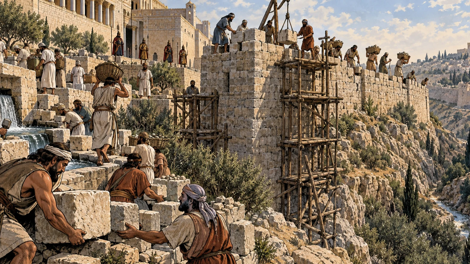 Temple servants and Tekoites repair the projecting tower and a second wall section above the Kidron valley.