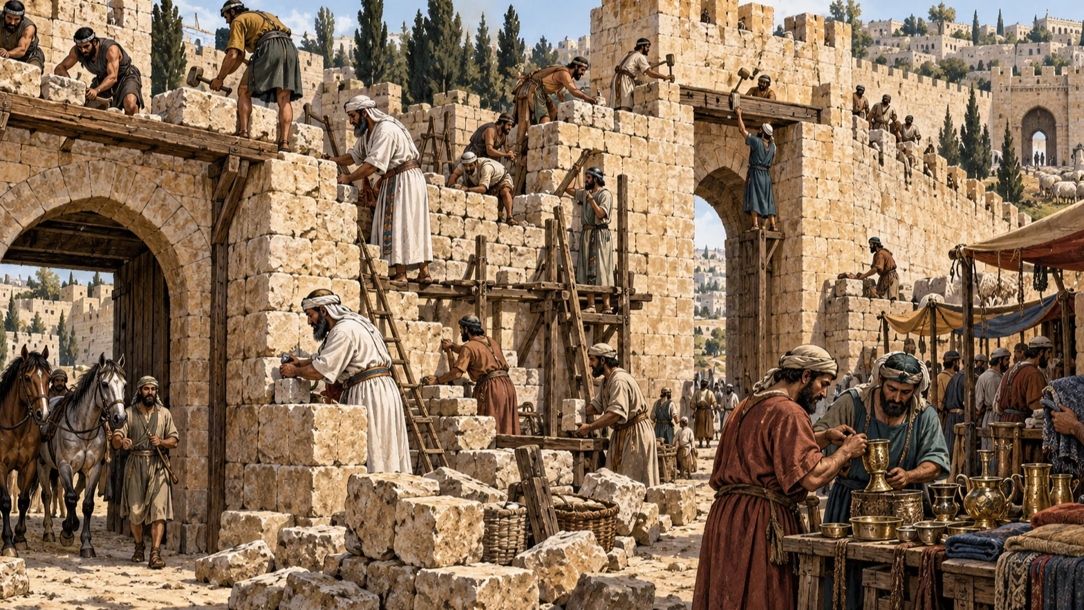 Priests, gatekeepers, goldsmiths, and merchants finish the northern wall between gates and homes.